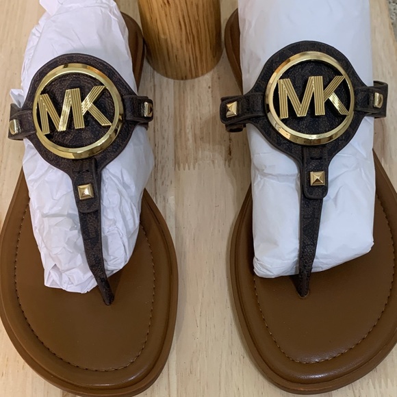 Michael Kors Women’s Aubrey Leather Tan and Gold Logo Sandals - Picture 1 of 7